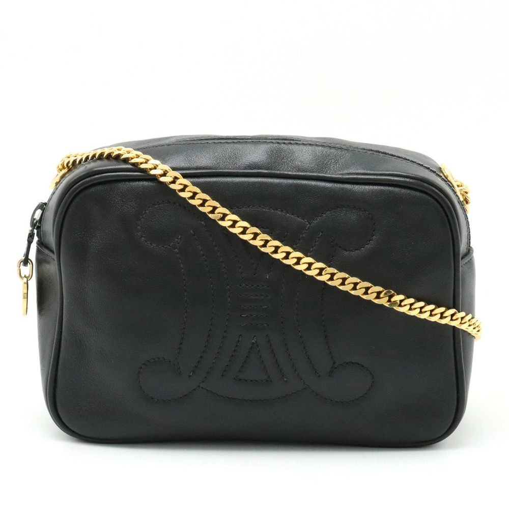 Celine Triomphe Camera Bag Chain Shoulder Pouch Clutch Crossbody Leather Black